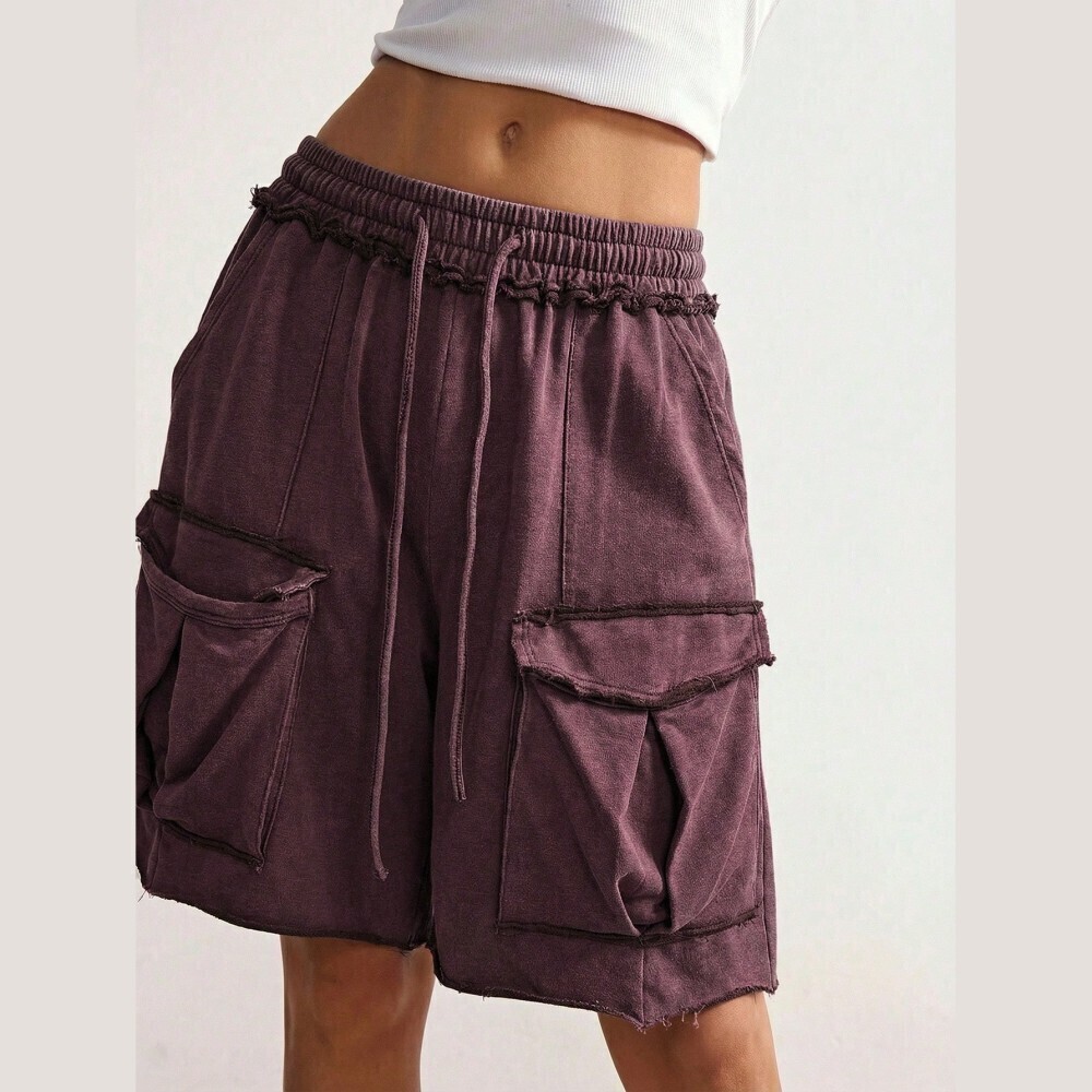 Brick Red Raw-Edge Cargo Shorts with Drawstring Waist